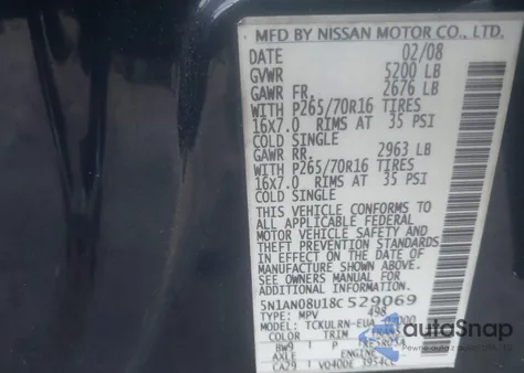 2008 Nissan Xterra Off Road/S/Se из США, поврежденный, VIN 5N1AN08U18C529069